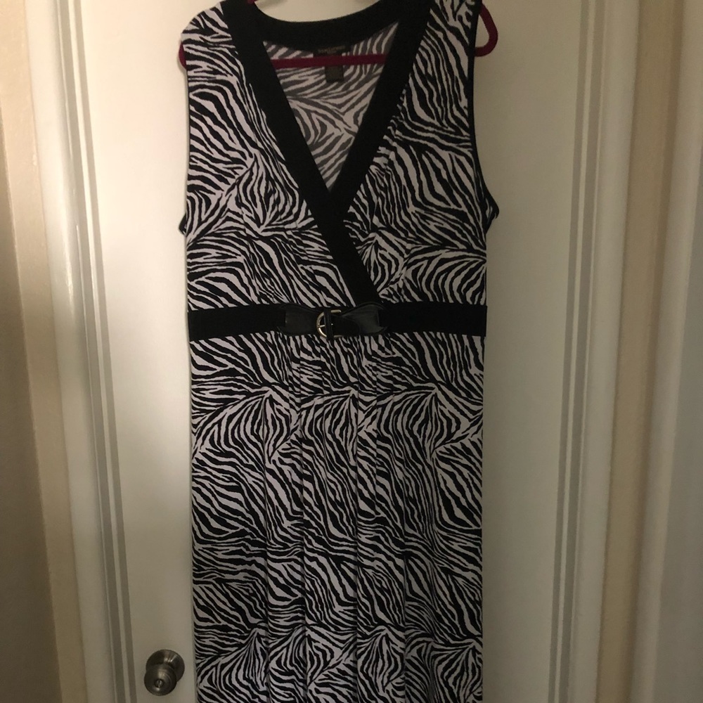 Floor length black and white zebra print dress.